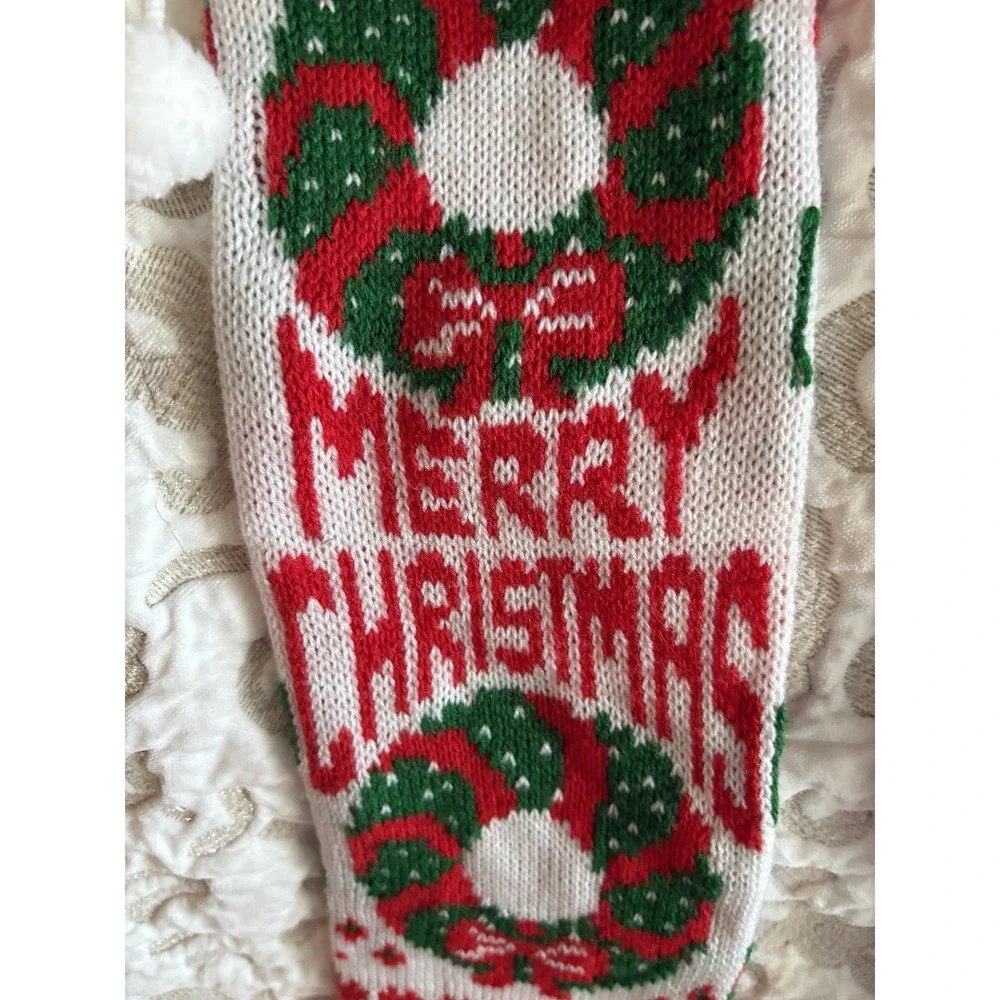 3 Vintage CHRISTMAS Stockings knit Dog, Santa/Carolers/Toys Merry Christmas 1960